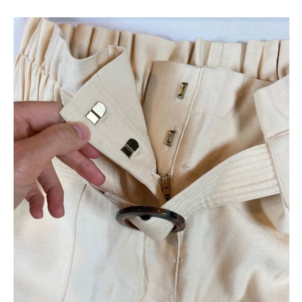 Sezane Silas Cream Linen Blend Paperbag Waist Wide Leg Trousers Pants Ecru Sz 46